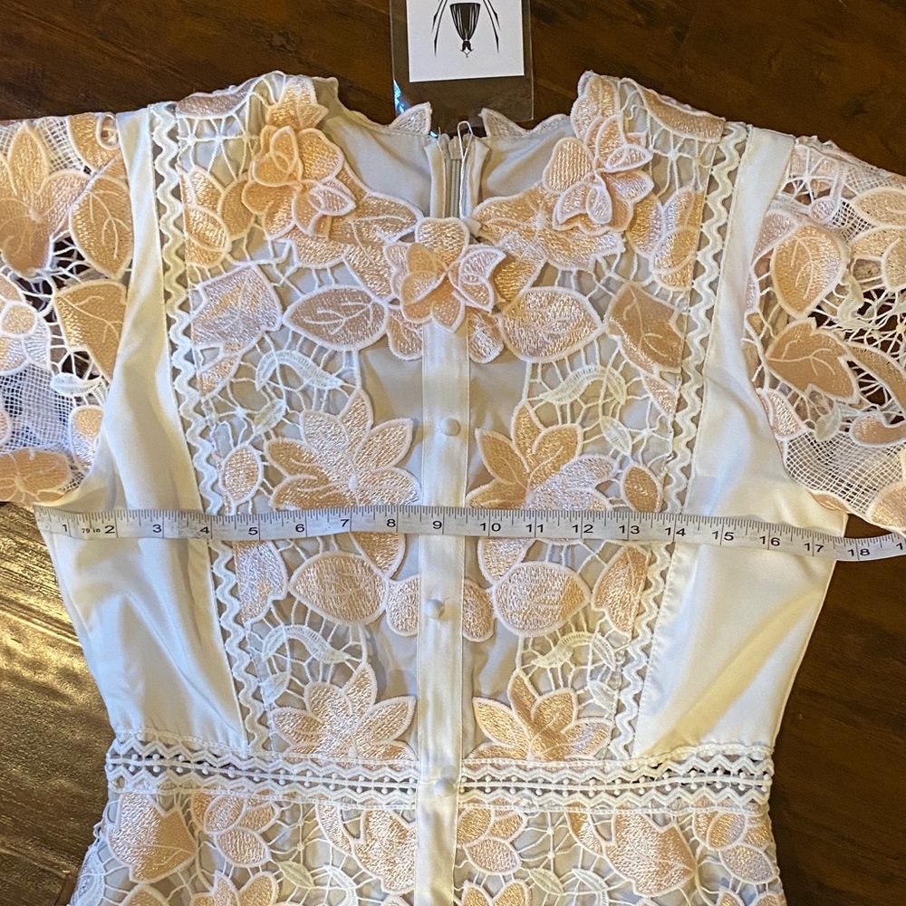 NWT Han Qing Mu Mu Elegant Retro Lace Cutout Ivory & Peach Midi Dress Size 2 - Picture 10 of 15